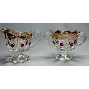 EAPG U.S. Glass Newport Bulls Eye & Daisy Gilded Ruby Stain Cream Sugar Set